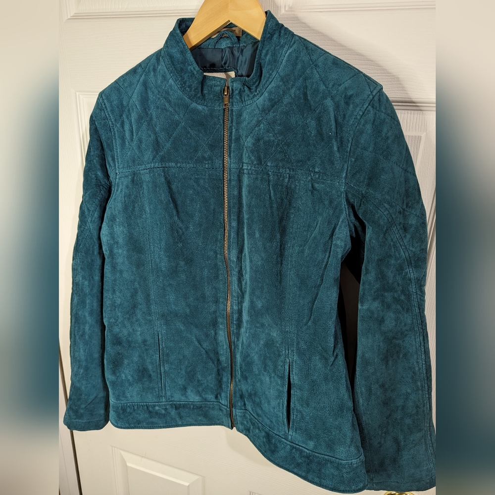 Ruff Hewn teal leather zip front jacket size large NWT